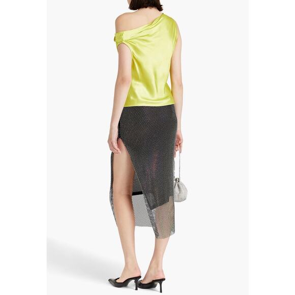 ENZA COSTA Satin Bias Off the Shoulder Top Womens Large 3 Lime Green Shirt NEW - Picture 4 of 16